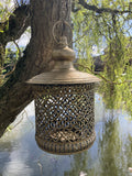 GOLD METAL HANGING LANTERN CANDLE HOLDER GARDEN / INDOOR ORNAMENT