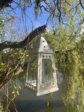 HANGING WHITE METAL / GLASS SQUARE LANTERN GARDEN / INDOOR ORNAMENT