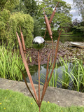 METAL GARDEN BULRUSH & MIRROR BALL / DRAGONFLY PLANT STAKE POND ORNAMENT