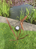 METAL GARDEN BULRUSH & MIRROR BALL / DRAGONFLY PLANT STAKE POND ORNAMENT