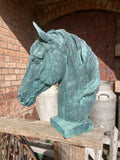 METAL CAST IRON SMALL VERDIGRIS HORSE BUST STATUE GARDEN ORNAMENT 🐴