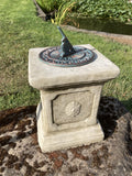 SMALL CAST IRON BLUE SUNDIAL ON STONE GARDEN SQUARE PLINTH SUNDIAL ORNAMENT