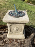 SMALL CAST IRON BLUE SUNDIAL ON STONE GARDEN SQUARE PLINTH SUNDIAL ORNAMENT