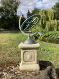 CAST IRON BLUE ARMILLARY ON STONE GARDEN SQUARE PLINTH SUNDIAL ORNAMENT