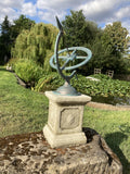 CAST IRON BLUE ARMILLARY ON STONE GARDEN SQUARE PLINTH SUNDIAL ORNAMENT