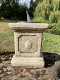 SMALL CAST IRON BLUE SUNDIAL ON STONE GARDEN SQUARE PLINTH SUNDIAL ORNAMENT