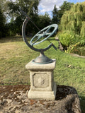 CAST IRON BLUE ARMILLARY ON STONE GARDEN SQUARE PLINTH SUNDIAL ORNAMENT