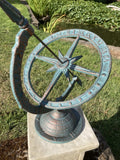 CAST IRON BLUE ARMILLARY ON STONE GARDEN SQUARE PLINTH SUNDIAL ORNAMENT