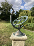 CAST IRON BLUE ARMILLARY ON STONE GARDEN SQUARE PLINTH SUNDIAL ORNAMENT