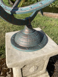 CAST IRON BLUE ARMILLARY ON STONE GARDEN SQUARE PLINTH SUNDIAL ORNAMENT
