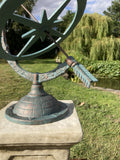 CAST IRON BLUE ARMILLARY ON STONE GARDEN SQUARE PLINTH SUNDIAL ORNAMENT