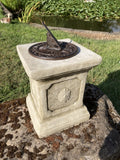 SMALL CAST IRON BROWN SUNDIAL ON STONE GARDEN SQUARE PLINTH SUNDIAL ORNAMENT