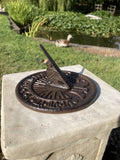 SMALL CAST IRON BROWN SUNDIAL ON STONE GARDEN SQUARE PLINTH SUNDIAL ORNAMENT