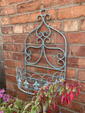 PAIR OF LARGE BLUE METAL HANGING GARDEN WALL PLANTERS