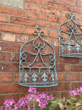 PAIR OF LARGE BLUE METAL HANGING GARDEN WALL PLANTERS