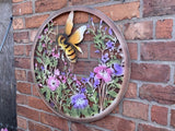 COLOURED METAL BEE / FLOWERS WALL PLAQUE HANGING GARDEN ORNAMENT