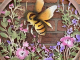 COLOURED METAL BEE / FLOWERS WALL PLAQUE HANGING GARDEN ORNAMENT