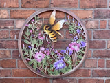COLOURED METAL BEE / FLOWERS WALL PLAQUE HANGING GARDEN ORNAMENT