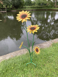 COLOURED METAL YELLOW SUNFLOWER FLOWER CLUSTER STAKE GARDEN ORNAMENT 🌻