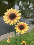 COLOURED METAL YELLOW SUNFLOWER FLOWER CLUSTER STAKE GARDEN ORNAMENT 🌻