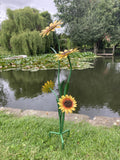 COLOURED METAL YELLOW SUNFLOWER FLOWER CLUSTER STAKE GARDEN ORNAMENT 🌻