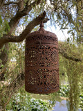 RUSTY METAL HANGING MOROCCAN STYLE CANDLE LANTERN GARDEN ORNAMENT