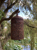 RUSTY METAL HANGING MOROCCAN STYLE CANDLE LANTERN GARDEN ORNAMENT