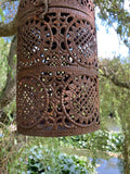 RUSTY METAL HANGING MOROCCAN STYLE CANDLE LANTERN GARDEN ORNAMENT