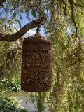 RUSTY METAL HANGING MOROCCAN STYLE CANDLE LANTERN GARDEN ORNAMENT