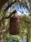 RUSTY METAL HANGING MOROCCAN STYLE CANDLE LANTERN GARDEN ORNAMENT