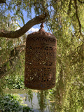 RUSTY METAL HANGING MOROCCAN STYLE CANDLE LANTERN GARDEN ORNAMENT