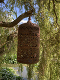 RUSTY METAL HANGING MOROCCAN STYLE CANDLE LANTERN GARDEN ORNAMENT
