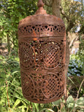 RUSTY METAL HANGING MOROCCAN STYLE CANDLE LANTERN GARDEN ORNAMENT