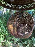 RUSTY METAL HANGING MOROCCAN STYLE CANDLE LANTERN GARDEN ORNAMENT