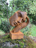 METAL RUSTY CAST IRON SLEEPING FACE BUST MODERN ART STATUE GARDEN ORNAMENT