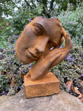 METAL RUSTY CAST IRON SLEEPING FACE BUST MODERN ART STATUE GARDEN ORNAMENT