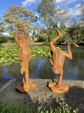 PAIR OF RUSTY METAL CAST IRON FROGS ON LILY PAD STATUE GARDEN ORNAMENTS 🐸