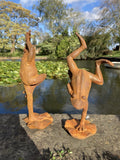 PAIR OF RUSTY METAL CAST IRON FROGS ON LILY PAD STATUE GARDEN ORNAMENTS 🐸