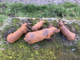 SET OF 4 RUSTY METAL CAST IRON PIG GARDEN ORNAMENTS PIGLETS
