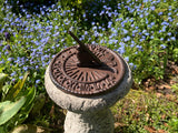 STONE GARDEN CAST IRON BIRD SUNDIAL ON STONE PEDESTAL ORNAMENT