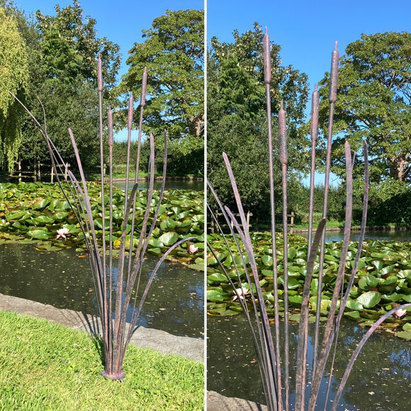 PAIR OF METAL GARDEN BULRUSH PLANT STAKES POND ORNAMENTS