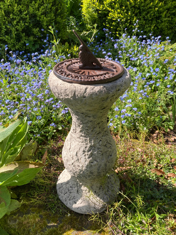 STONE GARDEN CAST IRON BIRD SUNDIAL ON STONE PEDESTAL ORNAMENT