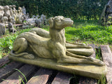 AGED STONE GARDEN PAIR OF LARGE LYING GREYHOUND DOG ORNAMENTS STATUES