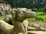 AGED STONE GARDEN PAIR OF LARGE LYING GREYHOUND DOG ORNAMENTS STATUES