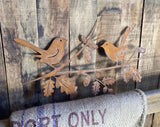 RUSTY METAL BIRDS ON OAK LEAF ACORN BRANCH WALL PLAQUE GARDEN ORNAMENT