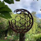 rusty metal garden sphere sculpture steel focal point ferney heyes sarastoneornaments cheshire uk metalwork gardening statement orb circle