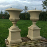 STONE GARDEN PAIR OF VICTORIAN STYLE BELL URNS & PLINTHS POTS PLANTERS VASES