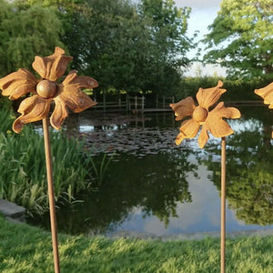 SET OF 3 RUSTY METAL FLOWER PLANT SUPPORTS GARDEN STAKES