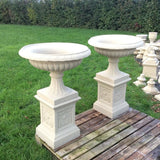 STONE GARDEN PAIR OF VICTORIAN URNS ON PLINTHS PLANTERS VASES ORNAMENTS