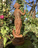 RUSTY CAST IRON GARDEN CHERUB WITH BUTTERFLY STATUE ORNAMENT